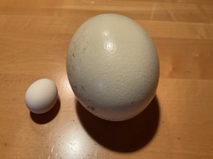 Two eggs of significantly different sizes are placed on a wooden surface. The larger egg has a rougher texture with some minor blemishes and spots, while the smaller egg has a smooth and clean surface.