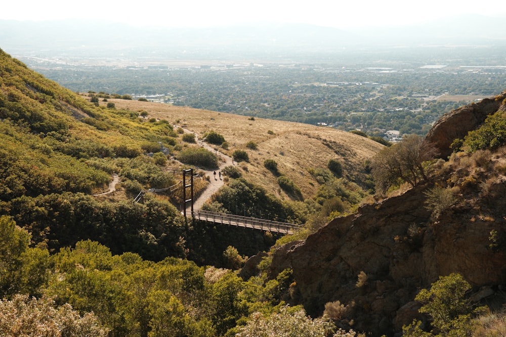 a wooden bridge over a lush green hillside