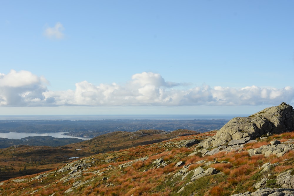 a man standing on top of a mountain next to a lush green field