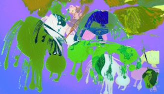 An abstract composition featuring bold splashes of color, including vibrant greens, purples, and blues. The image is filled with organic shapes resembling leaves and brush strokes, creating a dynamic and chaotic visual experience.