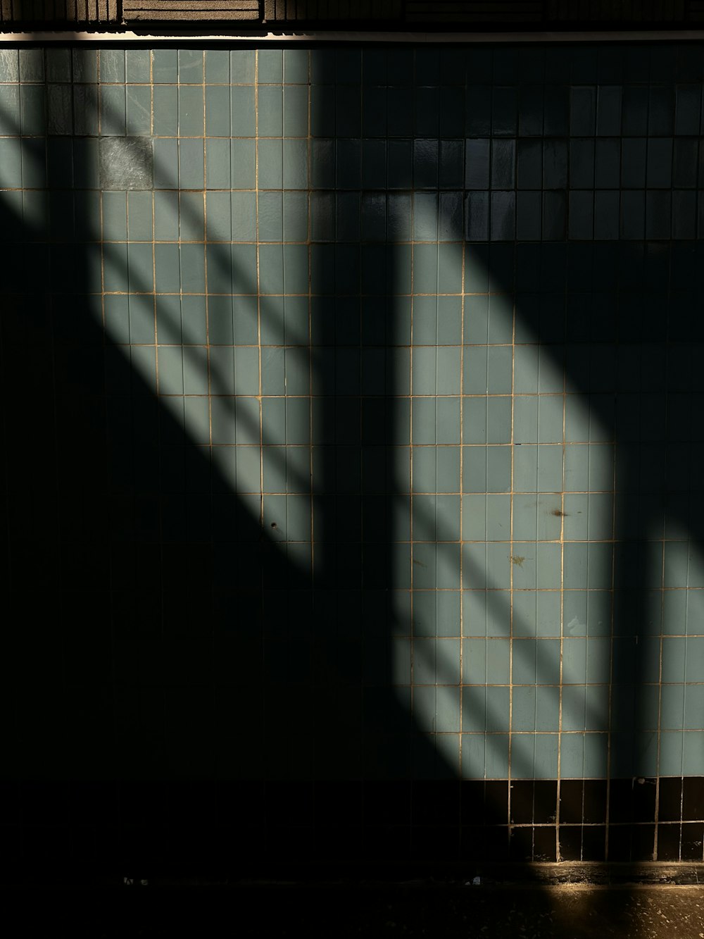 a shadow of a person on a tiled wall