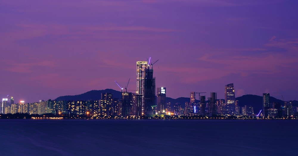 Una vista del horizonte de una ciudad por la noche