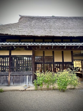A traditional wooden building with a thatched roof is partially visible. The facade features wooden lattice windows, and a row of yellow flowering plants line the front. The building sits on a gravel surface, adding to the rustic charm. The interior is dimly lit, suggesting a warm interior ambiance.