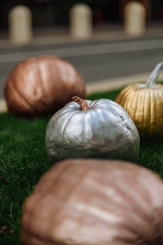 Several metallic pumpkins in different colors are displayed on a grassy surface. The pumpkins are painted in shades of silver, gold, and bronze, creating a reflective and shiny appearance against the green grass. The background shows a blurred roadway with some barriers.