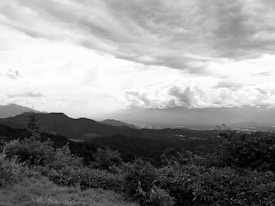 A black and white landscape featuring rolling hills and dense clouds in the sky. The foreground shows lush vegetation with bushes and a few trees, while distant mountain ranges fade into the horizon. The sky is filled with a dramatic array of clouds, creating a dynamic contrast with the serene land below.