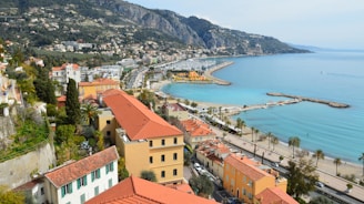 A picturesque coastal town with red-roofed buildings overlooking a turquoise blue sea. The shoreline is lined with palm trees and dotted with small boats in the marina. A mountain range serves as a scenic backdrop, with lush greenery covering the hills.