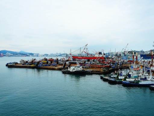 A busy shipyard with numerous ships and cranes, alongside a city skyline in the background. The water is calm, reflecting the industrial activities of the dock. The scene is bustling with maritime vessels, including large and small boats, indicating an active port area.