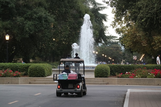 A modern electric golf cart with a canopy, cruising along a resort pathway lined with palm trees.