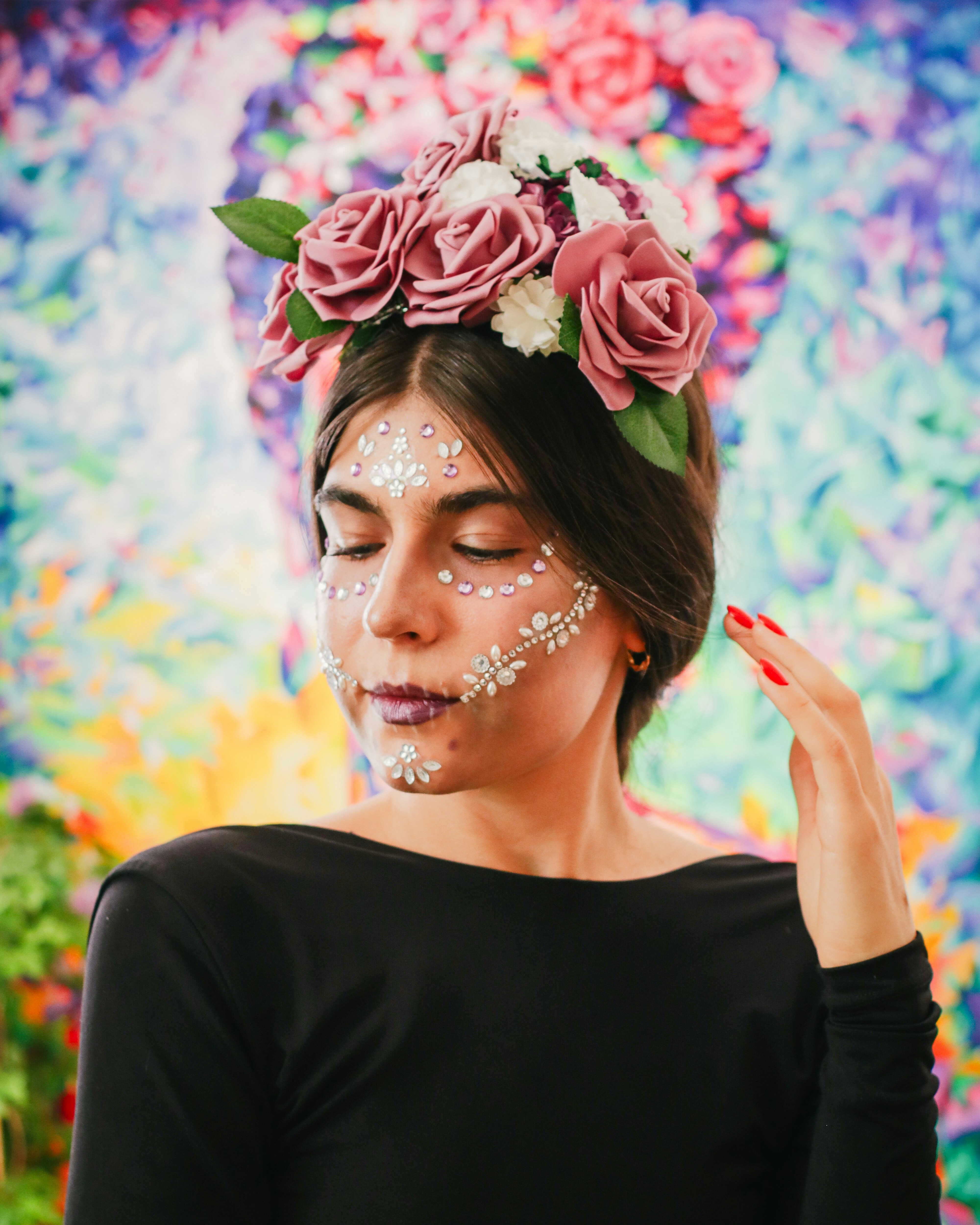 a woman with a flower crown on her head