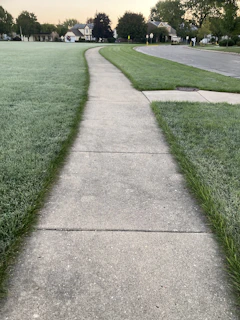 Freshly poured concrete driveway glistening under the morning sun in a residential neighborhood