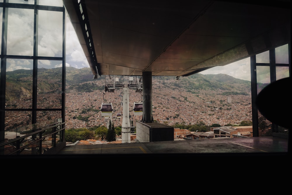 a view of a city from inside a building