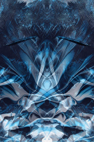 An elegant abstract art piece blending symbols of law, technology, and astrology in dark blue and green tones.