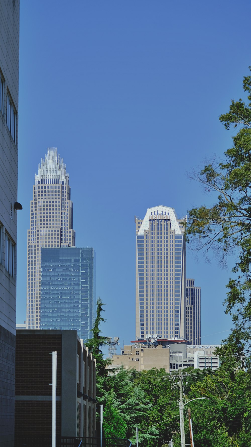 a city street with tall buildings in the background