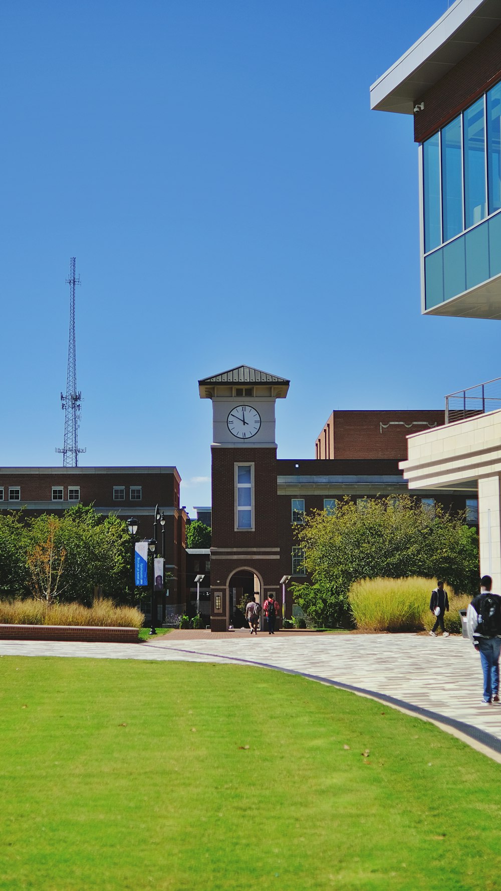 a clock tower in the middle of a grassy area
