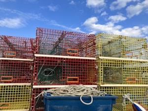 Different colored fishing traps, including red and yellow, are stacked in front of a vivid blue sky. A blue container filled with coiled ropes is positioned in front of the traps.