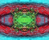 An abstract digital collage blending blockchain symbols and colorful patterns.