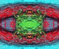 An abstract digital artwork featuring intricate patterns and vibrant colors. The composition displays a symmetrical design with a central green area surrounded by vivid reds and blues. The image includes textural elements that add depth and complexity.