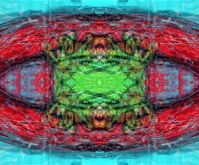 An abstract digital artwork featuring intricate patterns and vibrant colors. The composition displays a symmetrical design with a central green area surrounded by vivid reds and blues. The image includes textural elements that add depth and complexity.