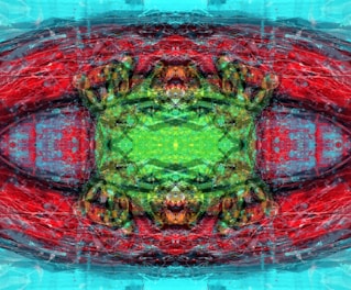 An abstract digital artwork featuring intricate patterns and vibrant colors. The composition displays a symmetrical design with a central green area surrounded by vivid reds and blues. The image includes textural elements that add depth and complexity.