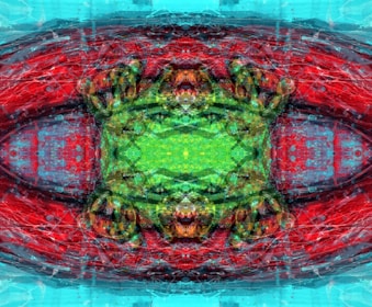 An abstract digital artwork featuring intricate patterns and vibrant colors. The composition displays a symmetrical design with a central green area surrounded by vivid reds and blues. The image includes textural elements that add depth and complexity.