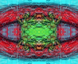 An abstract digital artwork featuring intricate patterns and vibrant colors. The composition displays a symmetrical design with a central green area surrounded by vivid reds and blues. The image includes textural elements that add depth and complexity.