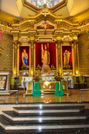 A serene altar with violet, golden, and blue tones, surrounded by crystals and candles.