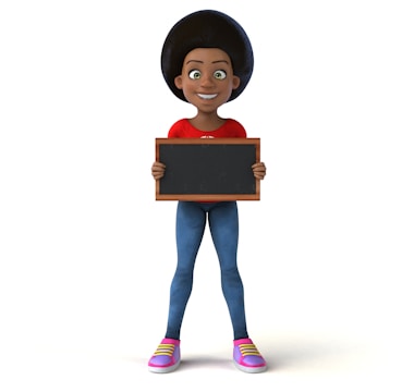 A smiling cartoon character with an afro hairstyle holds a blank chalkboard. The character is wearing a red shirt, blue jeans, and colorful sneakers, and is standing against a plain white background.