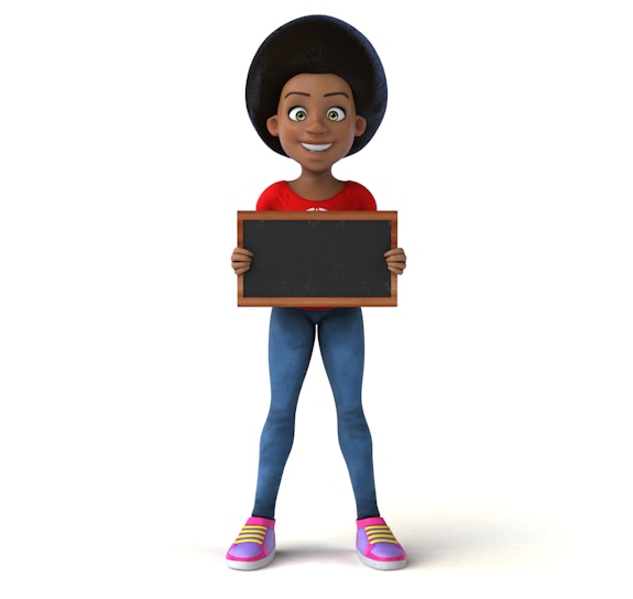A cheerful 3D animated young teacher with a pointer, standing in front of a colorful chalkboard.