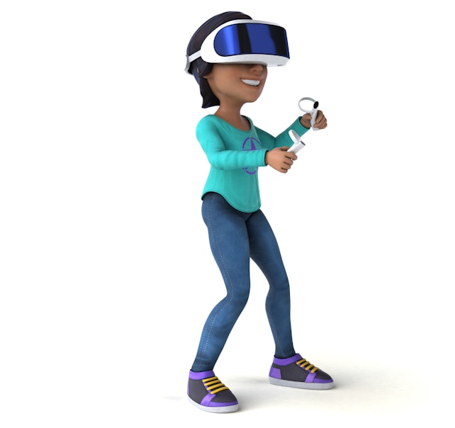 A person with short dark hair is engaging with virtual reality technology, wearing a VR headset and holding controllers. The individual is dressed casually in a turquoise long-sleeve shirt with a peace symbol, blue jeans, and stylish sneakers with purple and yellow accents. The background is plain white, emphasizing the focus on the person.