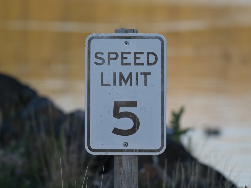 a speed limit sign sitting next to a body of water