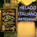 A chalkboard menu lists various breakfast items and beverages like cappuccino and espresso, alongside natural and Italian products. Next to it, glowing neon signs display the words 'HELADO ITALIANO ARTESANAL' against a background adorned with green plants.