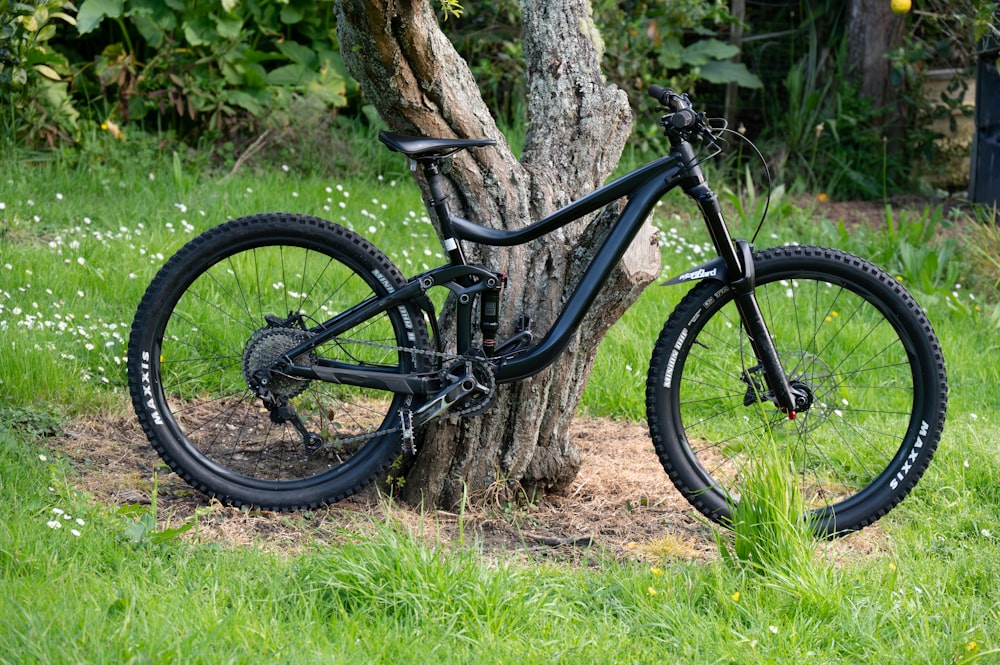a black mountain bike leaning against a tree