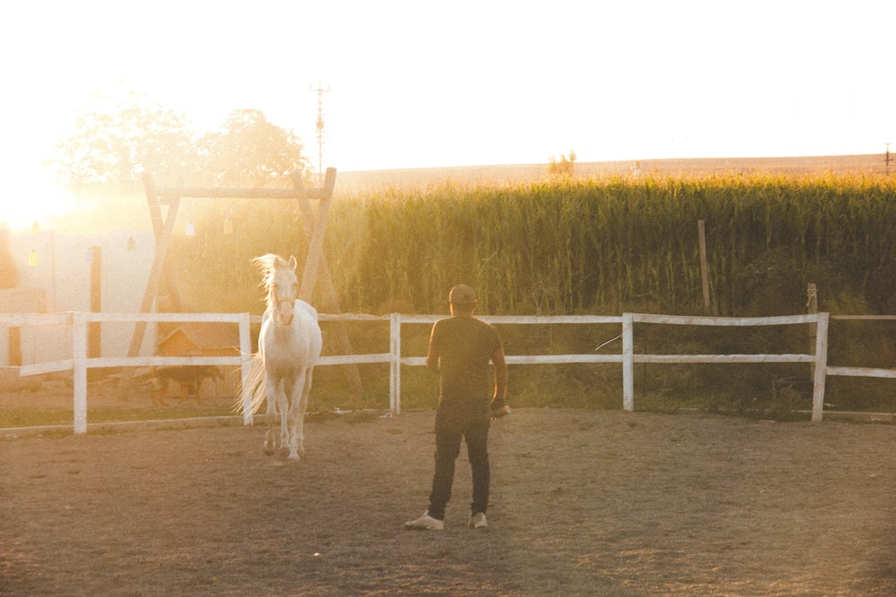 a man standing next to a white horse