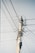 A tall utility pole stands against a clear sky, with an intricate network of cables and wires extending in various directions. The pole is made of concrete, and multiple insulators and clamps are visible connecting the wires. The image captures the complexity of modern infrastructure with numerous power and communication lines intertwined.
