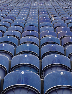 rows of empty blue stadium seats in a stadium