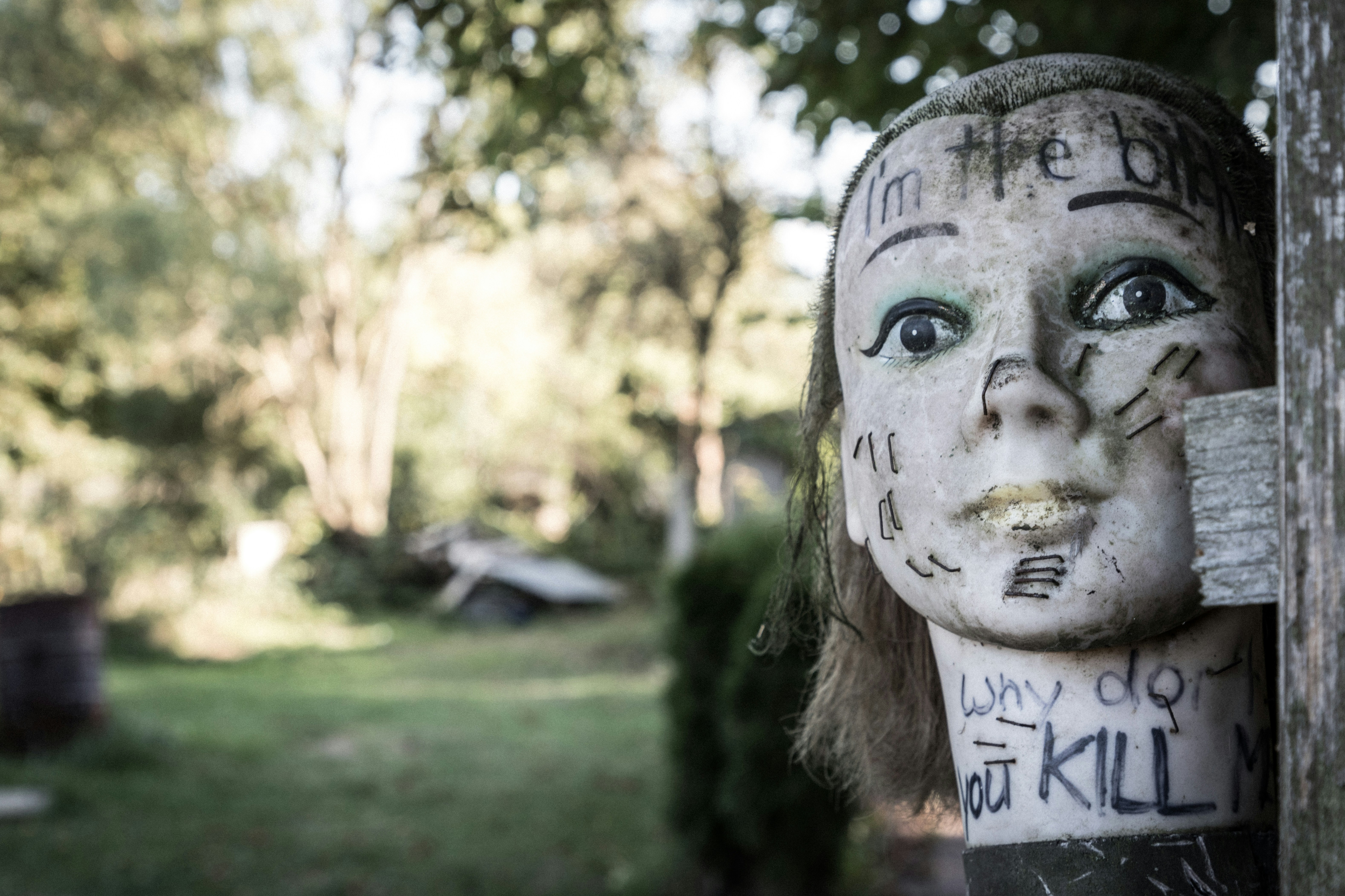 a statue of a woman's head with writing on it