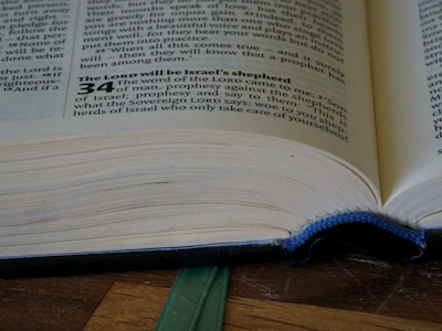 Close-up of an open book with ancient Dhamma scriptures on a wooden table.