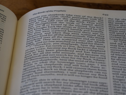 A page from a book titled 'The Books of the Prophets' is open, displaying bold text headers and several paragraphs of text. The page number is 649, and the text appears to be a religious or biblical passage. The background is a blurred wooden surface.