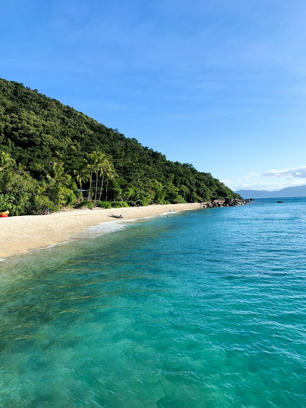 una playa de aguas azules y cristalinas junto a una exuberante ladera verde