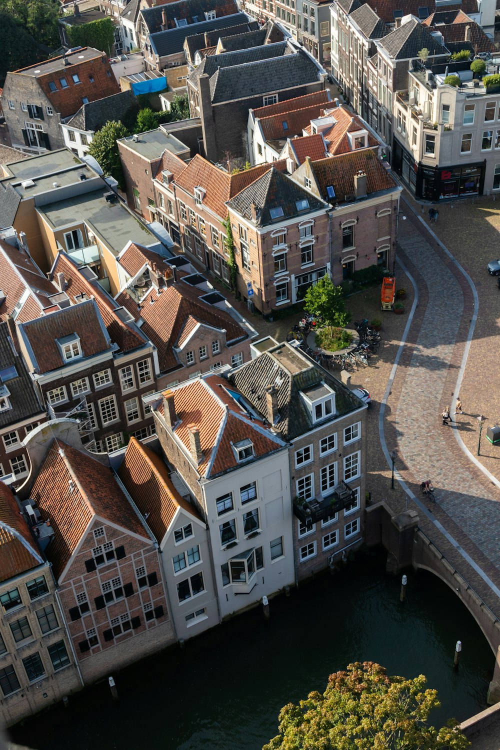 an aerial view of a city with a river running through it