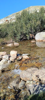 A serene mountain stream flowing through lush green hills under a clear blue sky.