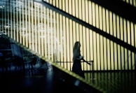 A silhouette of a person walking in front of vertically striped, illuminated background. The scene is observed through reflective and transparent surfaces, creating overlapping layers and a sense of abstraction.