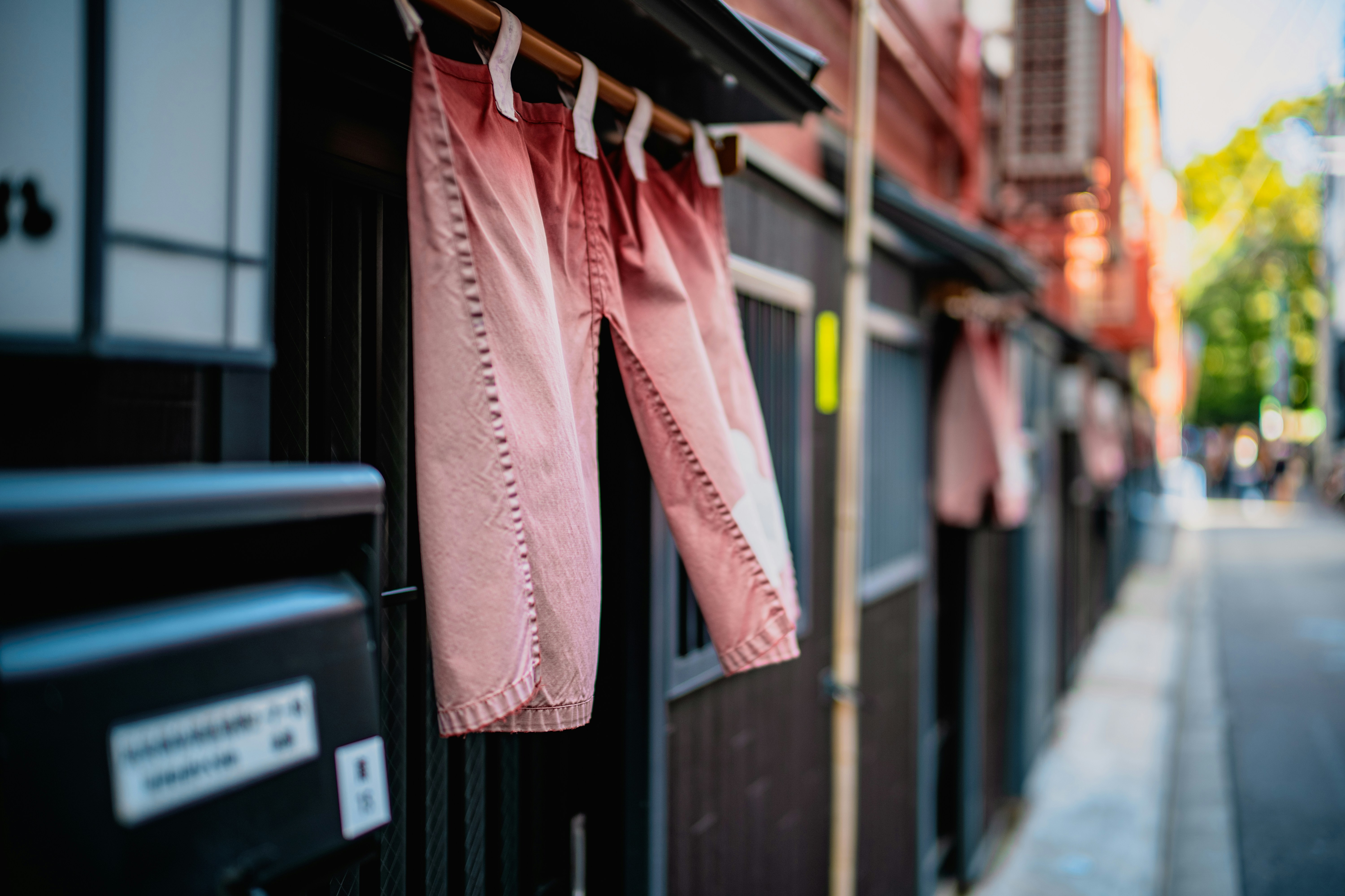 a pair of pink pants hanging from the side of a building