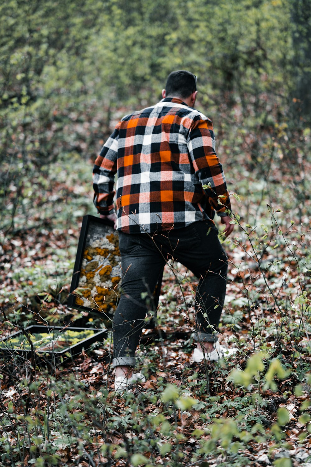 a man walking through a forest filled with lots of leaves