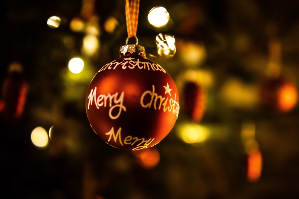 a christmas ornament hanging from a christmas tree