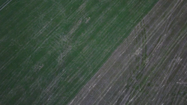 Detailed aerial shot of agricultural fields showcasing crop patterns and irrigation