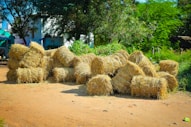 a pile of hay sitting on top of a dirt field