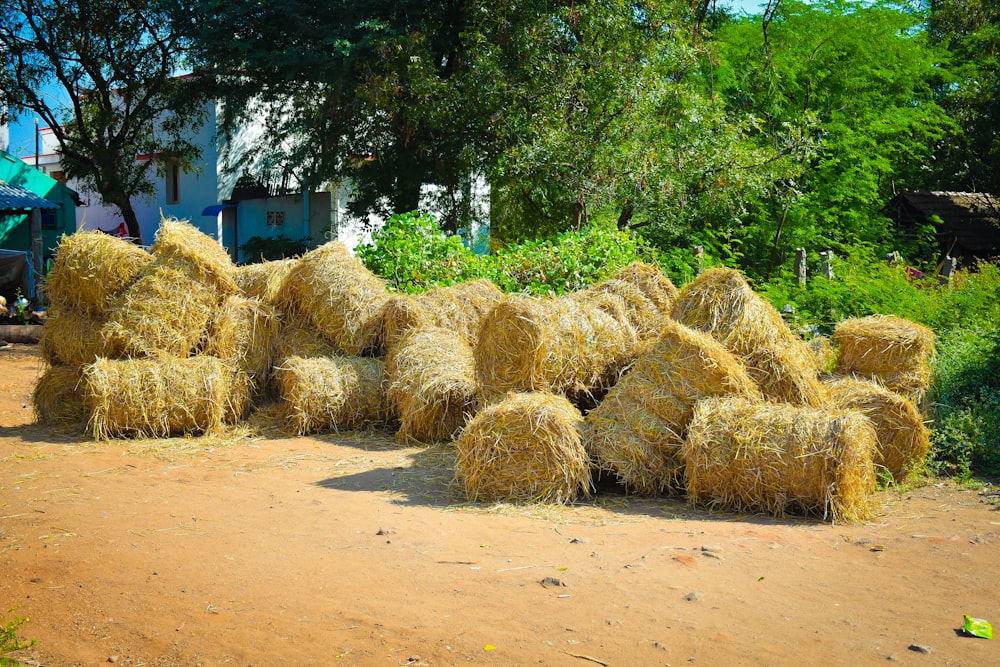 a pile of hay sitting on top of a dirt field