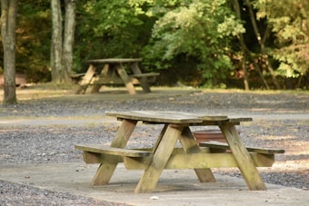 Wooden picnic tables are set on a gravel surface surrounded by lush green trees and foliage. The area appears tranquil and shaded, evoking a sense of calm and solitude. The tables are empty, suggesting a quiet moment in a park or wooded area.