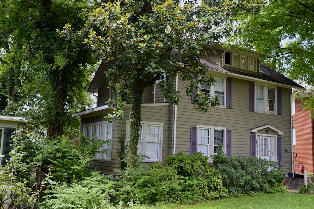 紫色のシャッターと木のある茶色の家